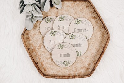 Gender Neutral Greenery Baby Milestone Markers Month to Month Wood Cutout - image1